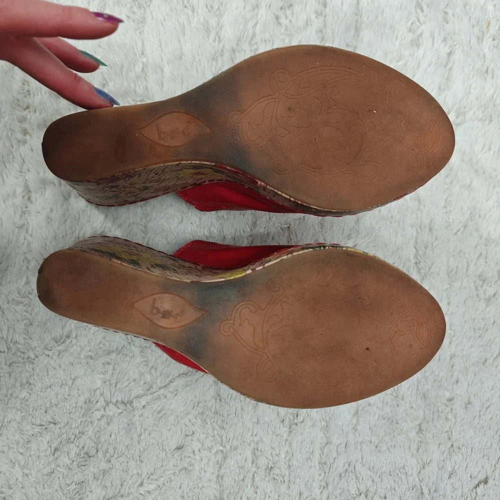 b.o.c Red Leather Wedge Sandals Floral Cork Heel Tropical Resort Vacation Cruise